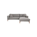 **Canapé d'angle en tissu gris avec coussins et pieds en bois**