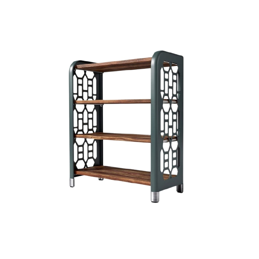 **Étagère moderne en bois avec éléments décoratifs en métal**