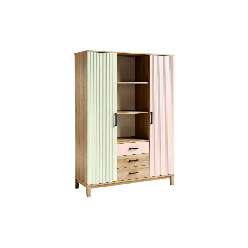 **Armoire moderne en bois avec portes à rayures et tiroirs colorés**